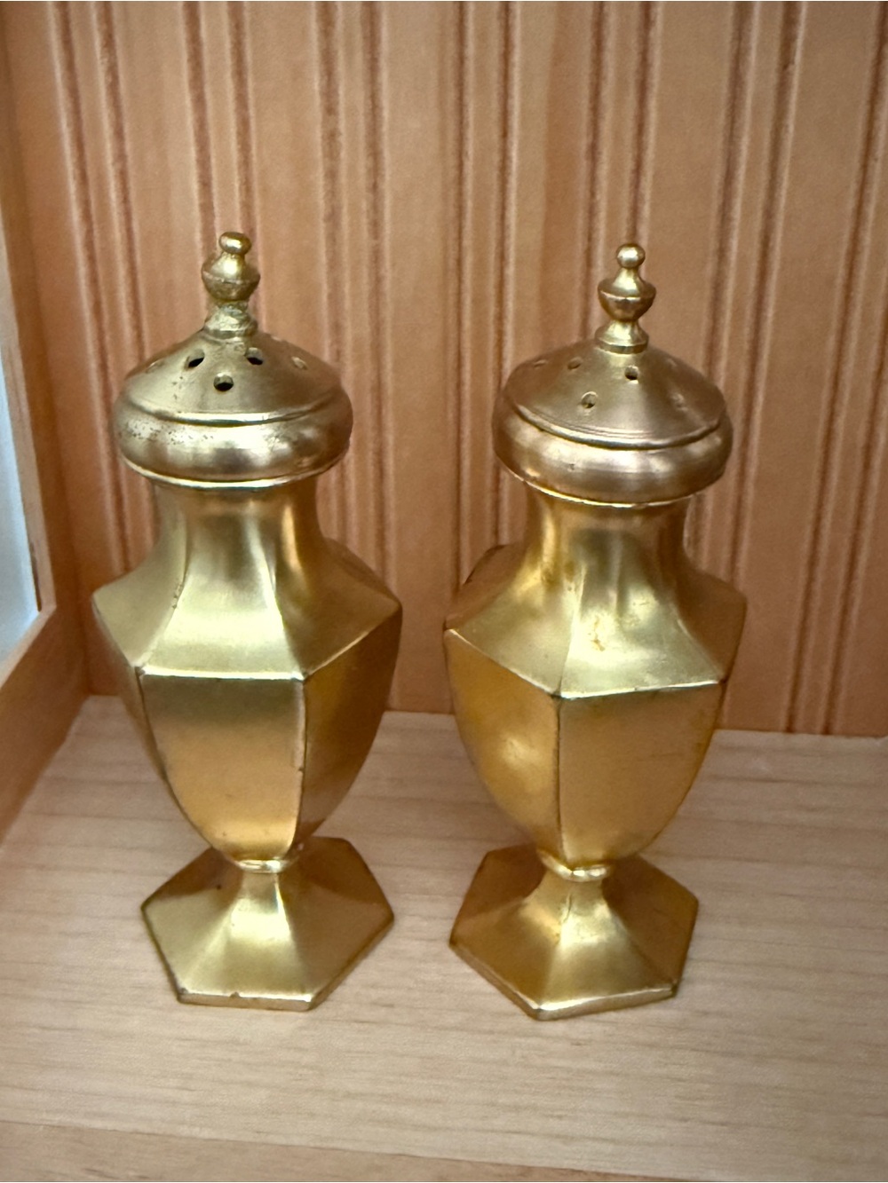 Vintage Solid Brass Salt & Pepper Shakers Hexagon JB Mark Mid Century Set
